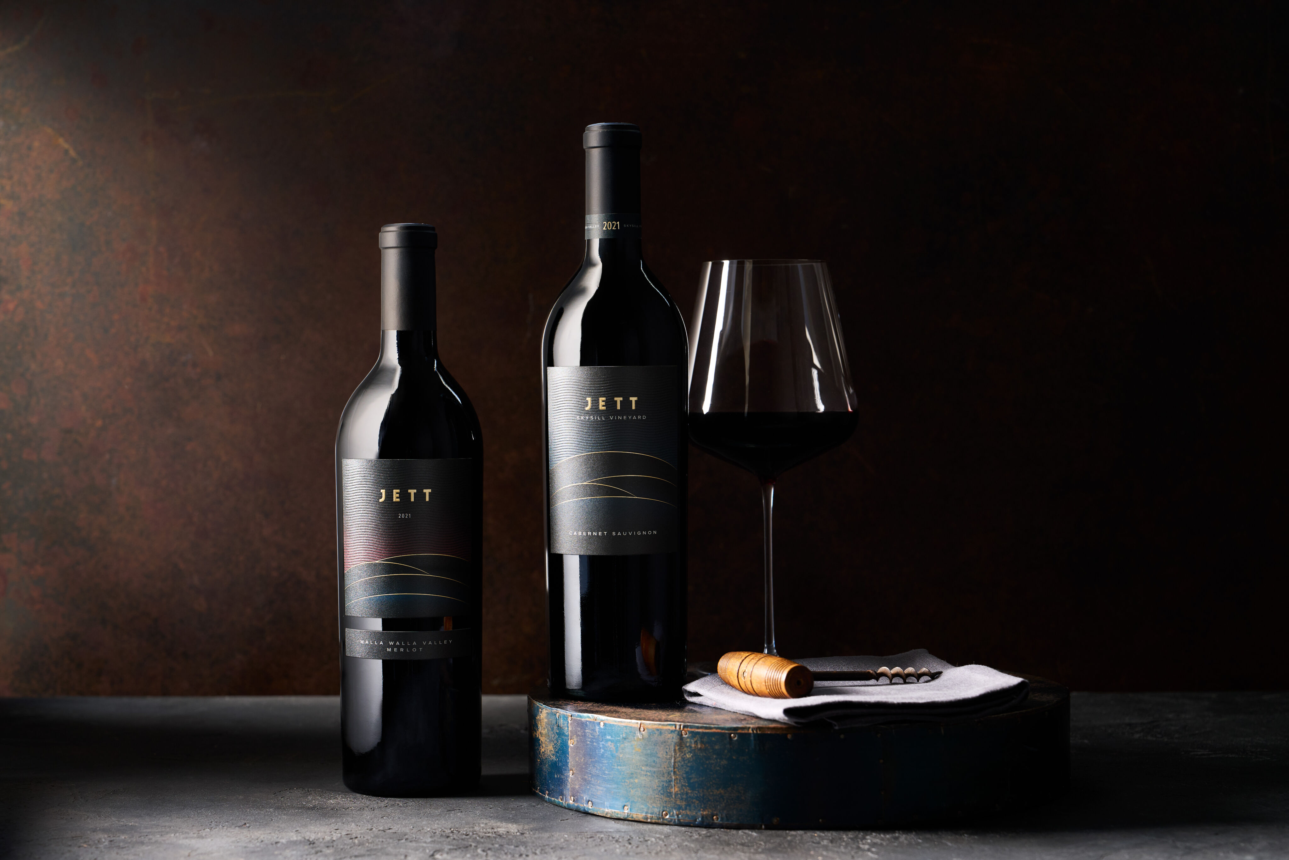 Two bottles of Jett Wines, Walla Walla Valley Merlot and Skysill Vineyard Cabernet Sauvignon